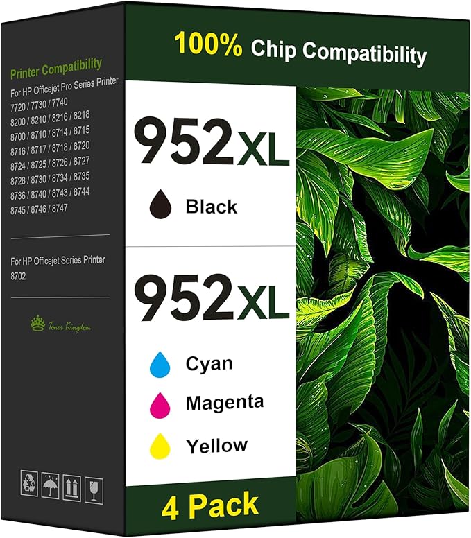 Toner Kingdom Ink Cartridges Remanufactured for HP 952 XL Ink Cartridge Combo Pack Work for HP OfficeJet 8702 OfficeJet Pro 7720 7740 8210 8710 8720 8730 8740 Series (4 Pack Black Cyan Yellow Magenta)