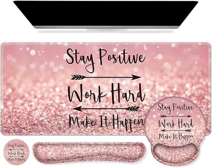 iCasso Mouse Pad,Large Pink Desk Mat Set, 4in1 XXL Mousepad + Keyboard Wrist Rest+Mouse Wrist Rest+Coaster with Ergonomic Desk Pad for Home Office Table Computer Cover -Pink Stay Positive