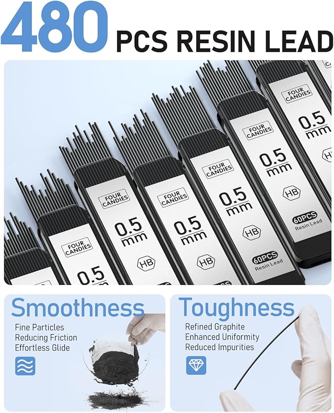 Four Candies 0.5mm Mechanical Pencil Set with Case, 3PCS Metal Artist Lead Pencil with 8 Tubes (480PCS) HB Lead Refills, 3 Erasers, 9 Eraser Refills For Engineer Art Writing Drawing Drafting, Black