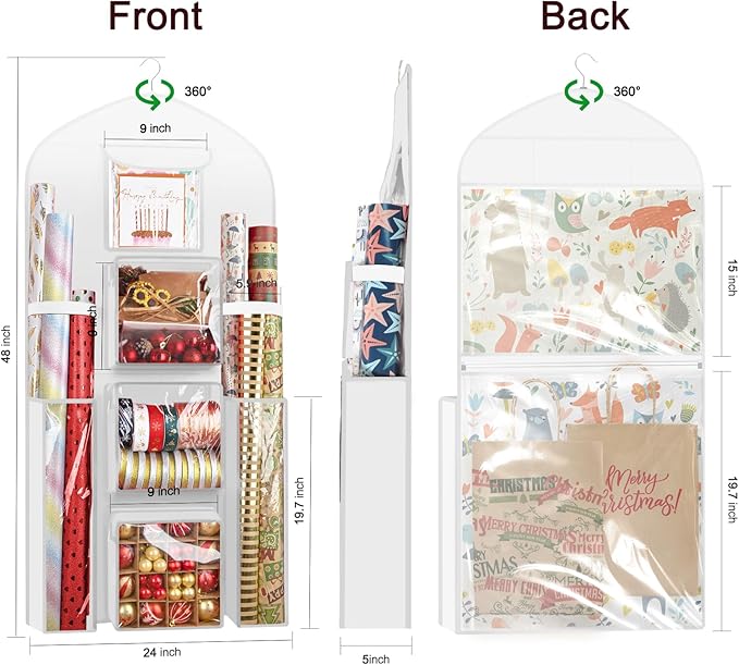 Hanging Gift Wrapping Paper Storage, 48x24 (Extra Large) White Double-Sided Christmas Wrapper Bag Container, Oxford Long Craft Roll Organizer, Present Wrap Holder for Closet, Door