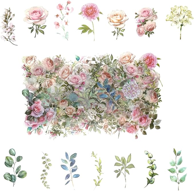 100 Pcs Pink Flower Stickers for Scrapbooking Junk Journal Notebook Diary Planner Letter Card Making Collage Envelope Water Bottle Phone Case Craft Decoration (Pink)