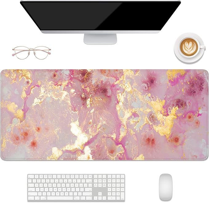 Desk Mat, 32" x 12" XXL Extended Large Gaming Mouse Pad, Desktop Decor Desk Pad, Cute Men Women Office Supplies and Accessories, XL Mouse Mat for Laptop & Keyboard, Pink Gold Marble