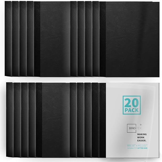 Binditek 20 Pack Thermal Binding Presentation Covers, 1/16 Inch Spine Holds 15 Sheets, Ultra Clear Front Cover, Black Paper Back Cover, Letter Size, for Students and Coworkers