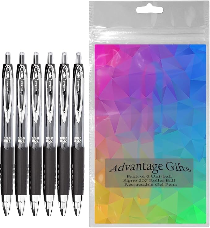 Signo 207 Roller Ball Retractable Gel Pens, Bold Point (1.0mm), Black Ink, 6 Count, Bundle with Plastic Reusable Pouch