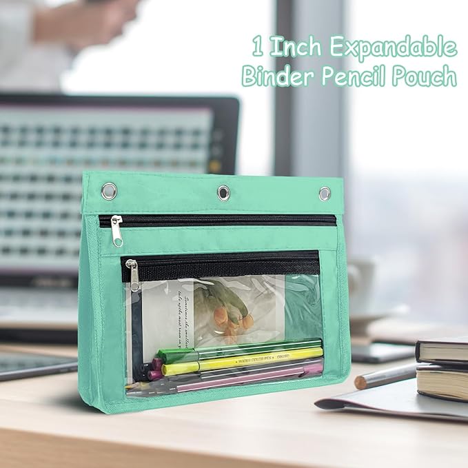 YoeeJob 1 Pack Pencil Pouch for 3 Ring Binder, Expandable Binder Pouches with Zipper, Large Capacity Pen Holder Case with Clear Window School Class Office Organizers, Lake Blue