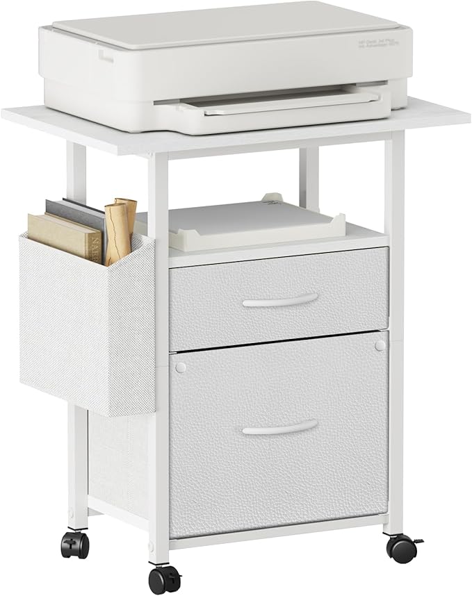 2 Fabric Drawer File Cabinet with 24'' Extended Desktop, Mobile Filing Cabinet, Rolling File Cabinet with Side Bag, Fits A4 Size, Home Office, White