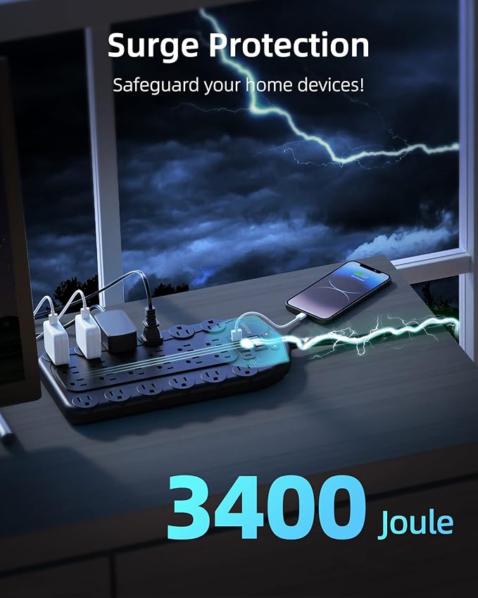 15Ft Power Strip Surge Protector (3,400 Joules), DEPOW 24 AC Multiple Outlets (1875W/15A) with 6 USBs (2 USB-C Ports), ETL Listed, Flat Plug Heavy Duty Long Extension Cord for Home, Office, Black