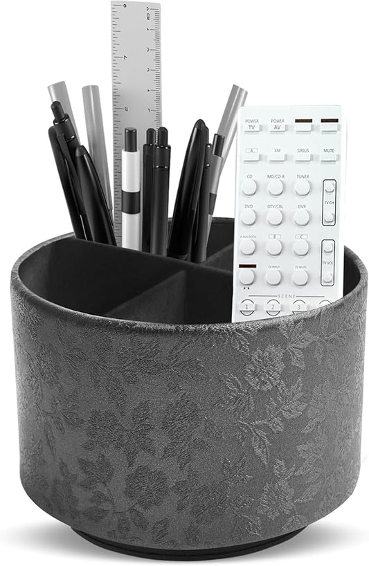 lizimandu Round Leather Art Supply Organizer,Remote Control Holder,360 Degree Spinning,Multi-Functional Pencil Holder,4 Compartments Desktop Stationary Organizer(1-Liuli Black)