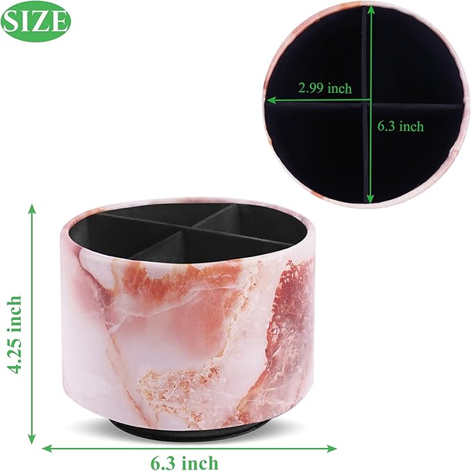 Round Leather Art Supply Organizer,Remote Control Holder,360-degree Rotating Pen Organizer with 4 Compartments(1-Marble Pink)