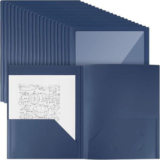 Teling 48 Pcs Plastic Folders with Front Clear Pocket and Business Card Holder 2 Pocket Heavy Duty Folders Plastic Letter Size Paper for Business School Office Supplies (Dark Blue)