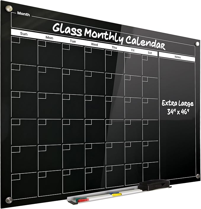 Real Glass Dry Erase Monthly Calendar, Giant Size 34" x 46", Tempered Glass Surface, Frameless Wall Mount, with 4 Assorted Color Markers and Eraser, by Better Office Products (Jet Black)