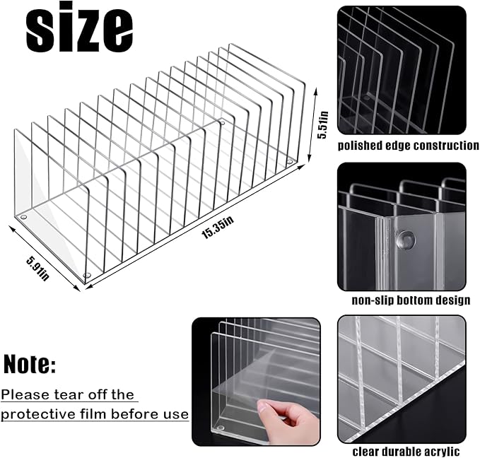Ctosree Acrylic File Organizer for Desk Vertical 15 Compartments File Sorter Mail Organizer Desktop Countertop Folder Stand Racks for Office Home School Desk(Rectangle,Clear)