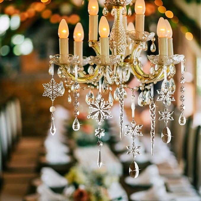 18PCS Clear Christmas Snowflake Icicle Hanging Ornaments Acrylic Crystal Christmas Tree Decorations with Drop Pendants for Xmas Winter Wonderland New Year Party Supplies