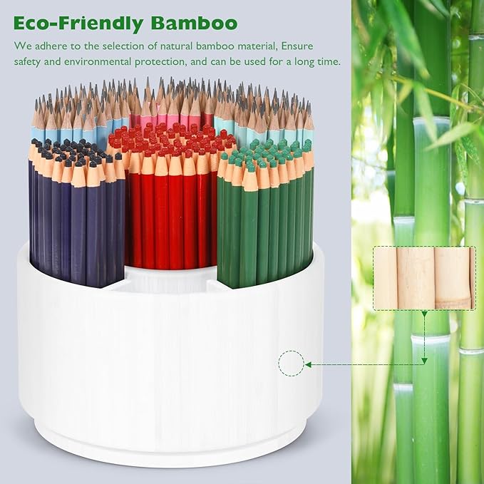 Bamboo Rotating Round Art Supply Organizer, Pencil Holder Desk Organizer with 7 Compartments, Office Supplies Desktop Storage Caddy for Colored Pencils(white)