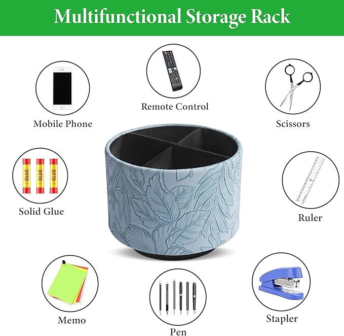 Hennaja Round Leather Art Supply Organizer,Remote Control Holder,360 Degree Spinning,Multi-Functional Pencil Holder,4 Compartments Desktop Stationary Organizer(1-Carved Light Blue)