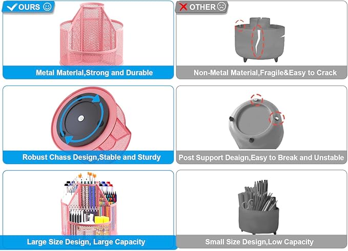 Sturdy Rotating Pen Holder, Cute Metal Pencil Holder, Large Mesh Pen Organizer for Desk, Premium Friendly Office Desk Accessories & Workspace Organizers, Pink