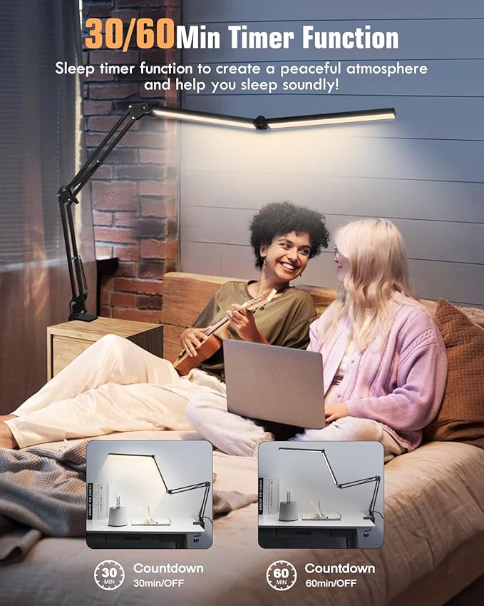 Toolour LED Desk Lamps for Home Office 2 in 1 Double Head Desk Lamp with Clamp Base,Remote Control,Dimmable Architect Clip on Desktop Computer Light Bar with Memory for Workbench Darkroom