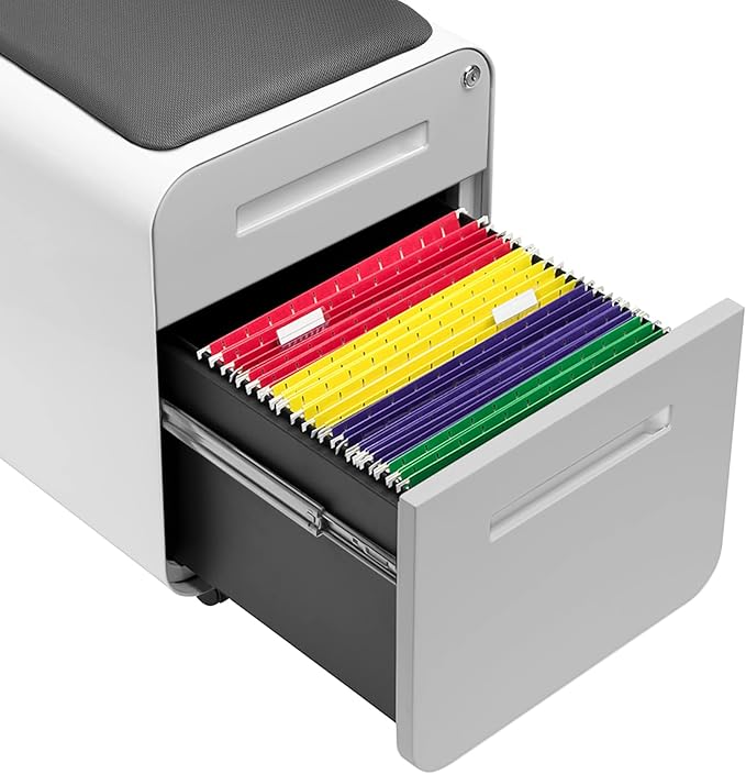 Laura Davidson Furniture STOCKPILE Mini Seated 2 Drawer Mobile File Cabinet with Removable Magnetic Cushion Seat - Short Version, Metal Filing Cabinet, Pre-Assembled, Light Grey Face with Grey Cushion