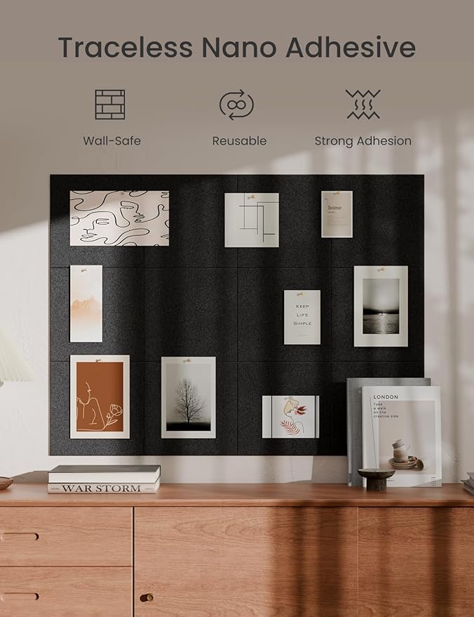 Bumusty Large Cork Board 47"x35" Alternative - 12 Pack Felt Wall Tiles with 70 Safe Removable Adhesive Tabs, 30 Pushpins, Cork Boards for Walls Pin Board Bulletin Board Office Decor (Black)