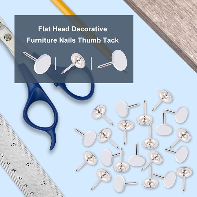 100Pcs Flat Head Upholstery Tacks Home Furniture Decor Tacks Upholstery Nails Flat Push Pins Flats Thumb Tacks White (11mmx17mm)