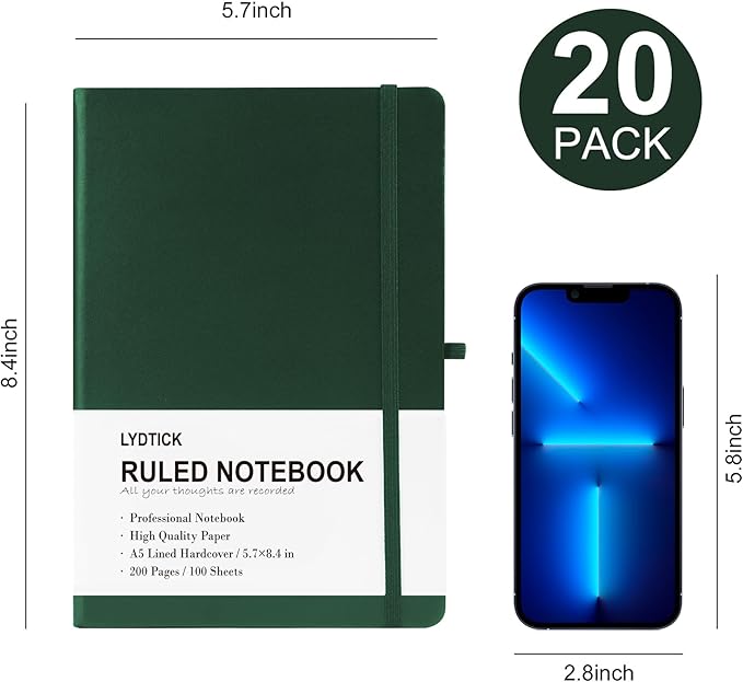 20 Pack Journals for Writing College Ruled Notebooks Journal in Bulk, Hardcover Notebooks (200Pages) for Note Talking, Lined Bullet Journals for Home School Office, 5.7"x8.4", Dark Green
