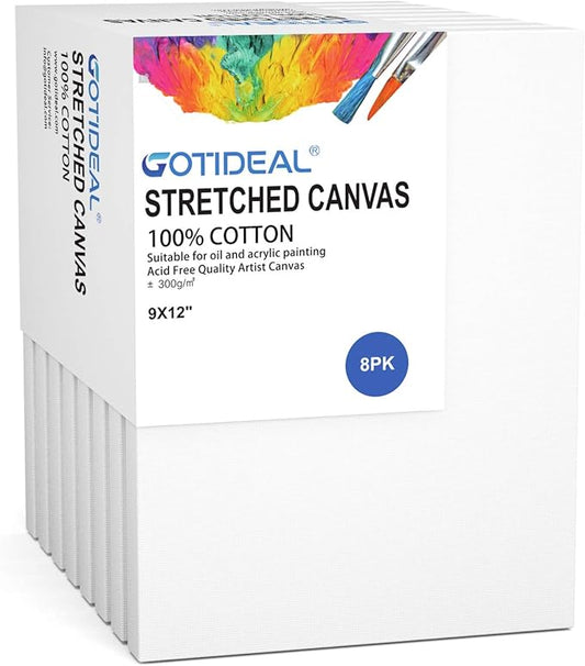 GOTIDEAL Stretched Canvas, 9x12 Inch Set of 8, Primed White - 100% Cotton Artist Canvas Boards for Painting, Acrylic Pouring, Oil Paint Dry & Wet Art Media