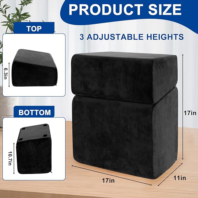 Adjustable Foot Rest for Under Desk at Work - 3 Height Ergonomic Footrest, 17x11 Inch Office Foot Stool, Soft Velvet Cushion, Non-Slip Base for Home & Office - 100% Memory Foam Filling-Black