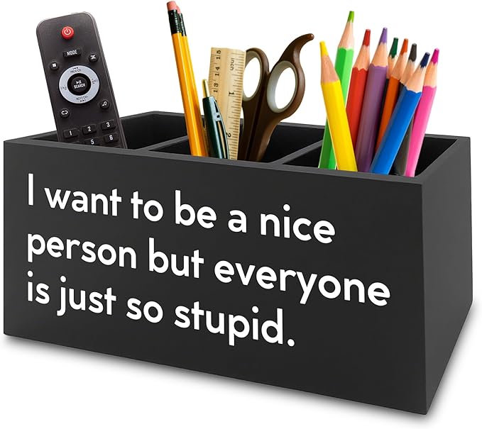 Funny Pen Pencil Holder Organizer for Desk, Sarcastic Gifts for Women Men Coworkers, Office Humor Gifts, Funny Wooden Box Sign for Home Office Desk Tabletop Decorations
