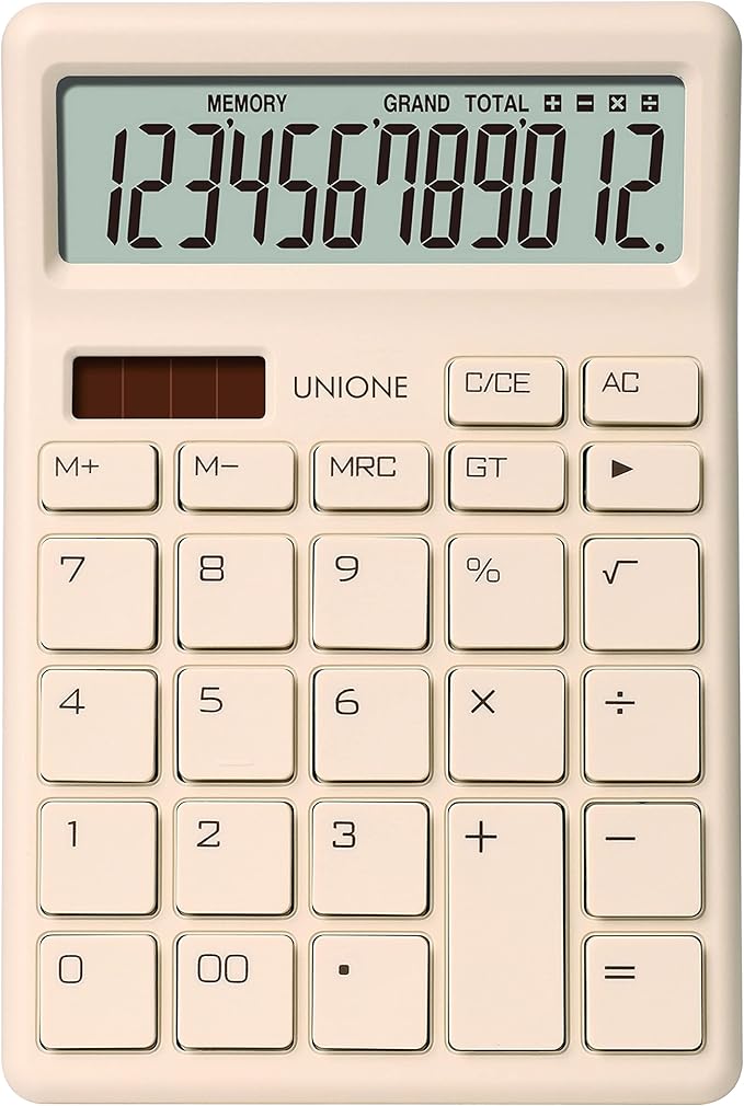 UNIONE Desktop Beige Calculator with a Bright LCD, Dual Power Handheld Desktop. Color. Business, Office, High School, 4×6 inch