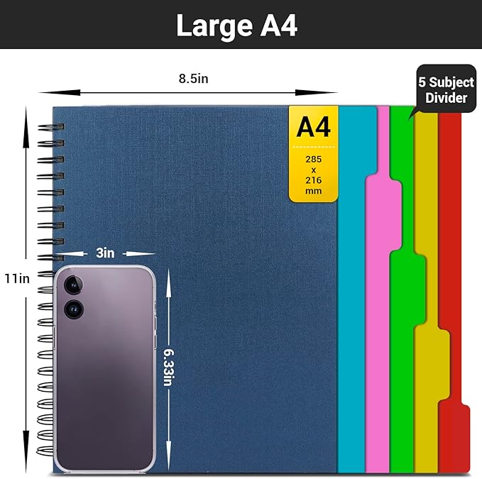 EUSOAR 5 Subject Notebook, 1pcs A4 11" x8-1/2 Spiral College Ruled Writing Pad, 100GSM 120Sheets/ 240Pages of Lined Paper, Thick Hardcover, for Journal Students, Office and Business, Royal Blue