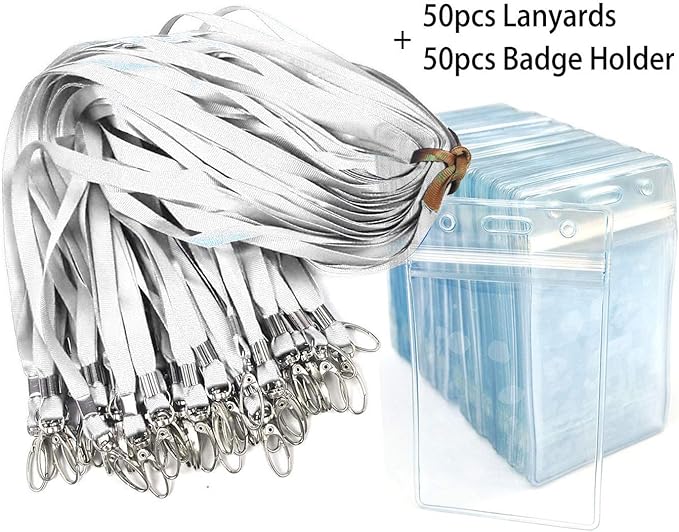 Lanyard with ID Holder 50 Pcs Waterproof Name Tag Badge ID Card Holders ID Pass Holder and 50 Pcs Flat Neck Lanyards Swivel Hook (Gray, Vertical)