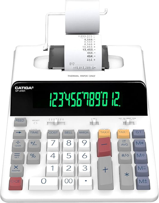 CATIGA 12 Digit Thermal Printing Calculator with Tape Print Out, Ink-Free Adding Machine, 5X Faster Quite at 8.0 LPS, Extra Large Fluorescent Display, Tax Calculation with Clock and Calendar, SP-2401