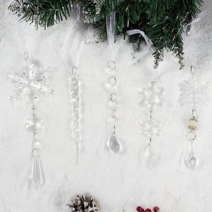 18pcs Christmas Tree Decoration Crystal Ornaments - Hanging Acrylic Christmas Snowflake Icicle Drop Crystal Ornaments for Xmas Tree Winter New Year Party Supplies