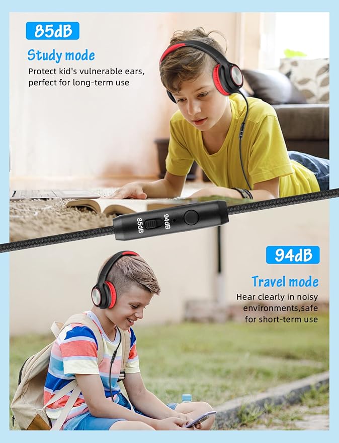 Kids Headphones with Microphone, Wired Over Ear Headsets with Limited Volume 85dB/ 94dB for Boys Girls Teens Children Online School/Travel/iPad/Tablet/Cellphone