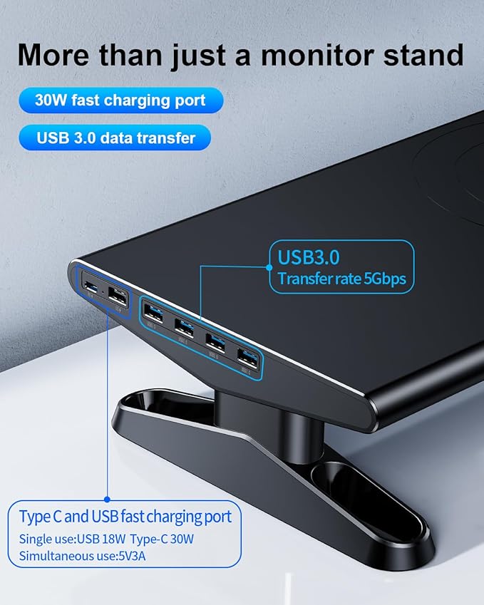 Computer Monitor Stand Riser for Desk with Usb Hub Charging,30W/5Gbps Usb C Docking Station with Power,4.5-6.3''Freely Height Adjustable with Phone Holder,Monitor Stands Riser for PC,Laptop,Printer,TV