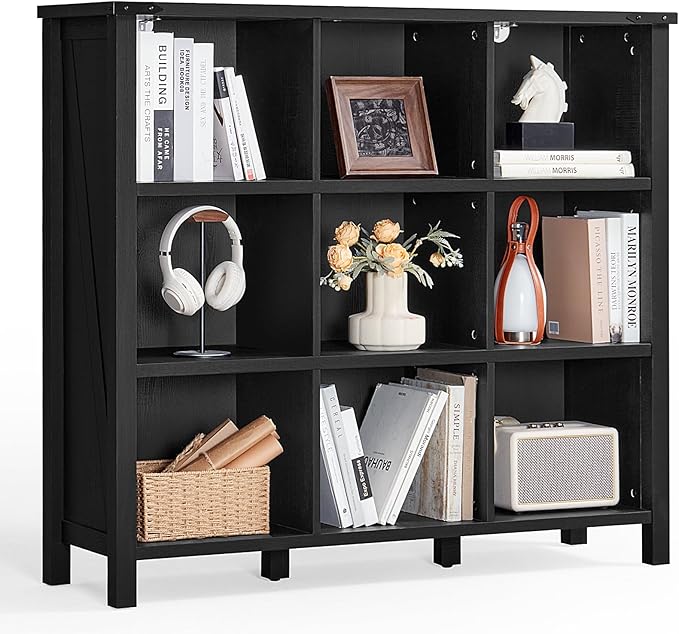 9 Cube Bookcase, Farmhouse 47 Inch Wide Black Bookshelf, Wooden 3 Tier Display Large Open Book Shelf, Vintage Horizontal Book Case for Home Office, Cubby Storage Cabinet for Living Room