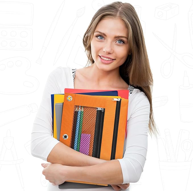 Pencil Pouch for 3 Ring Binder - 3 Hole Zipper Pen Case Bag Holder Bulk Accessories Clear Window Aesthetic Organizer Pockets (Orange, 1)