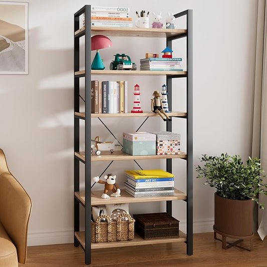 Real Solid Wood Rustic Vintage Industrial Etagere Bookshelf, Metal & Timber Free Vintage Bookcase, Retro Brown (Genuine Timber) (6-Tiers-RawWood)