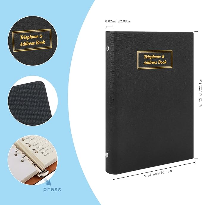 Refillable Address Book with Alphabetical Tabs, w/Pockets, 648 Large Print Telephone Birthday Email PU Leather Hardcover Durable for Women Men Seniors Home Office, 236Pages, A5, Black
