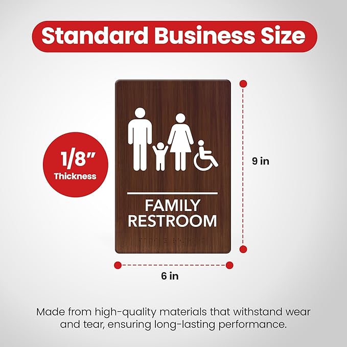 Promot Family Restroom Sign – ADA Braille Bathroom Sign for Business, Self-Adhesive, 9" x 6", Commercial Door Signage, Office Wall Decor - Walnut
