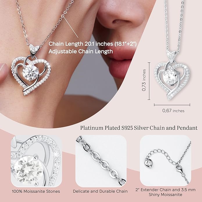 Moissanite Pendant Necklace for Women – 925 Sterling Silver Necklace for Women Heart Pendant, Dainty Silver Jewelry Gift Box for Mom Wife Girlfriend – Birthday Anniversary (1-3 CT)