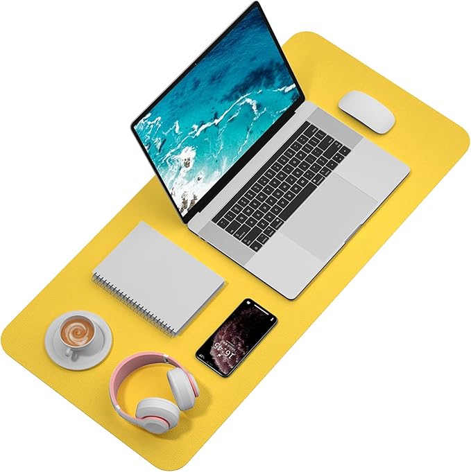 Hsurbtra Desk Pad, 35.5" x 17" PU Leather Desk Mat, XXL Extended Mouse Pad, Waterproof Desktop Blotter Protector, Non-Slip Ultra Thin Large Laptop Keyboard Writing Mat for Office Home, Yellow
