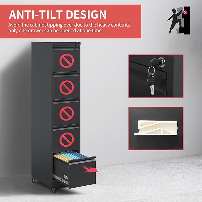 5 Drawer Locking File Cabinet with Wheels,Metal Mobile Filing Cabinets,Black Vertical File Cabinet for Home Office,Heavy Duty Storage Cabinet for A4/Letter/Legal Size File,Assembly Required