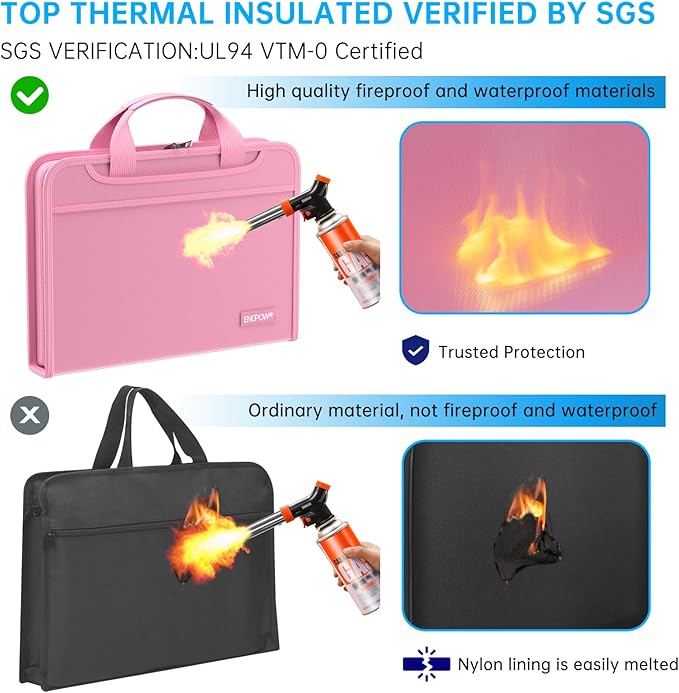 ENGPOW Accordion File Organizer,Fireproof Expanding File Folder with Multi Pockets,13 Pockets Document Organizer with Handle & Labels,Portable Home Travel Safe Storage Folder for Letter A4 Files,Pink