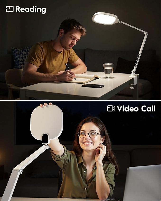 Led Desk Lamp with Clamp, 1200LM Dimmable Home Office Desktop Light, 3000k-6500k Adjustable Swing Arm Ring Light for Video Conference, Study, Reading, Zoom Calls, Streaming (White)