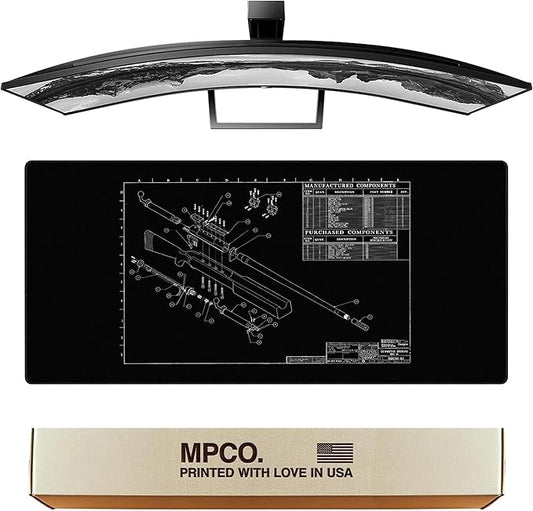 MPCO. Blueprints Large Gaming Desk Pad - 36" x 17" Duraglyde Fabric Browning 50 Cal – Black Desk Mats - Non-Slip, Washable, Smooth Glide for Precision Gaming & Work
