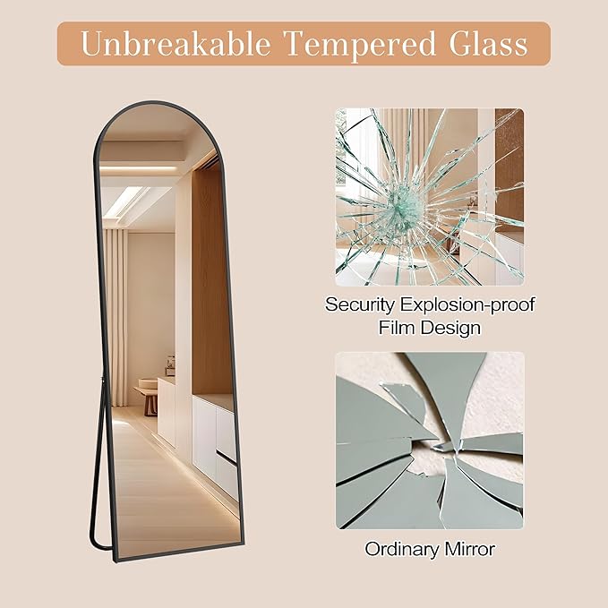 Arched Full Length Mirror, 58" x 18" Floor Mirror with Stand – Shatterproof Tempered Glass, Modern Aluminum Frame, Multi-Mount for Bedroom, Living Room, Gym, Black