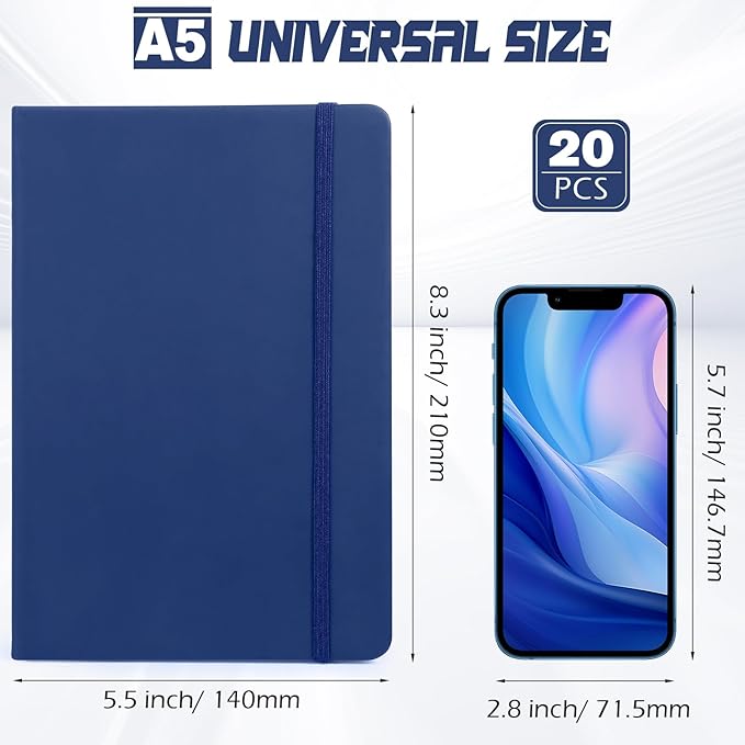 Honoson 20 Pack Lined Journal Notebooks A5 Hardcover Executive Notebook 5.5" x 8.3" PU Leather Wide Ruled Journals Bulk with Elastic Band for Home Business Office School Supplies(Navy)