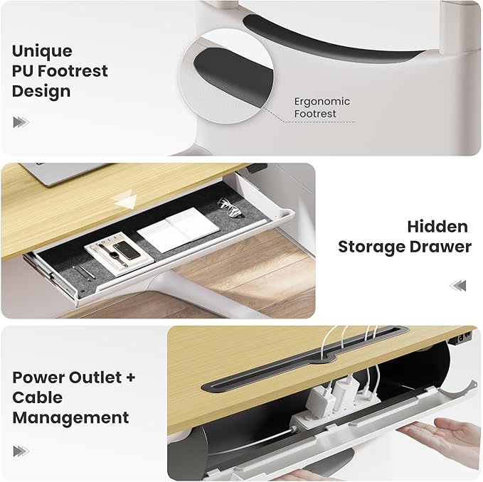 COLAMY Electric Adjustable Standing Desk – 48 x 28 Inch Sit Stand Desk with Drawer & Cable Management, Dual Motor Lift System, Ergonomic Footrest, Home Office Table (MFC Desktop, Light Maple + White)