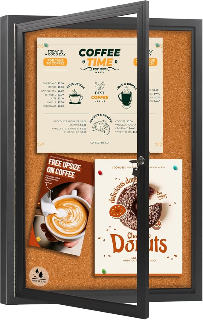 Enclosed Bulletin Board,Outdoor Weatherproof Cork Noticeboard with Locking Door, Wall-Mounted Black Aluminum Frame,Display Case Message Board for Office Home,36x24 Inch (5xA4)